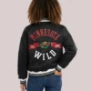 Women's Minnesota Wild Printed Round Team Logo Black Varsity Satin Jacket