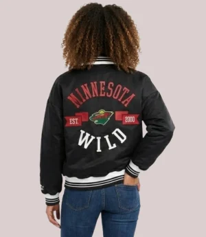 Women's Minnesota Wild Printed Round Team Logo Black Varsity Satin Jacket