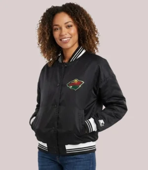Women's Minnesota Wild Printed Round Team Logo Satin Black Jacket